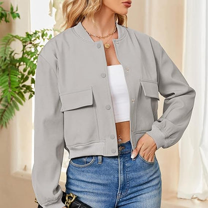 Fashion Thread Double Pocket Cropped Bomber Jacket