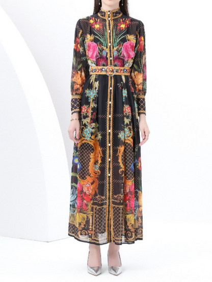 Printed Dress With Stand Collar And Lantern Sleeves