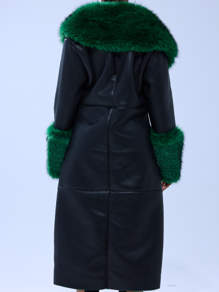 Green Fur-Trim Faux Leather Coat