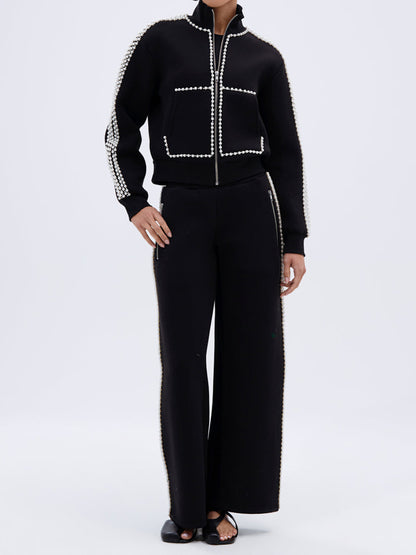 Metal Ball Decorated Zipper Sweatshirt Pants Suit