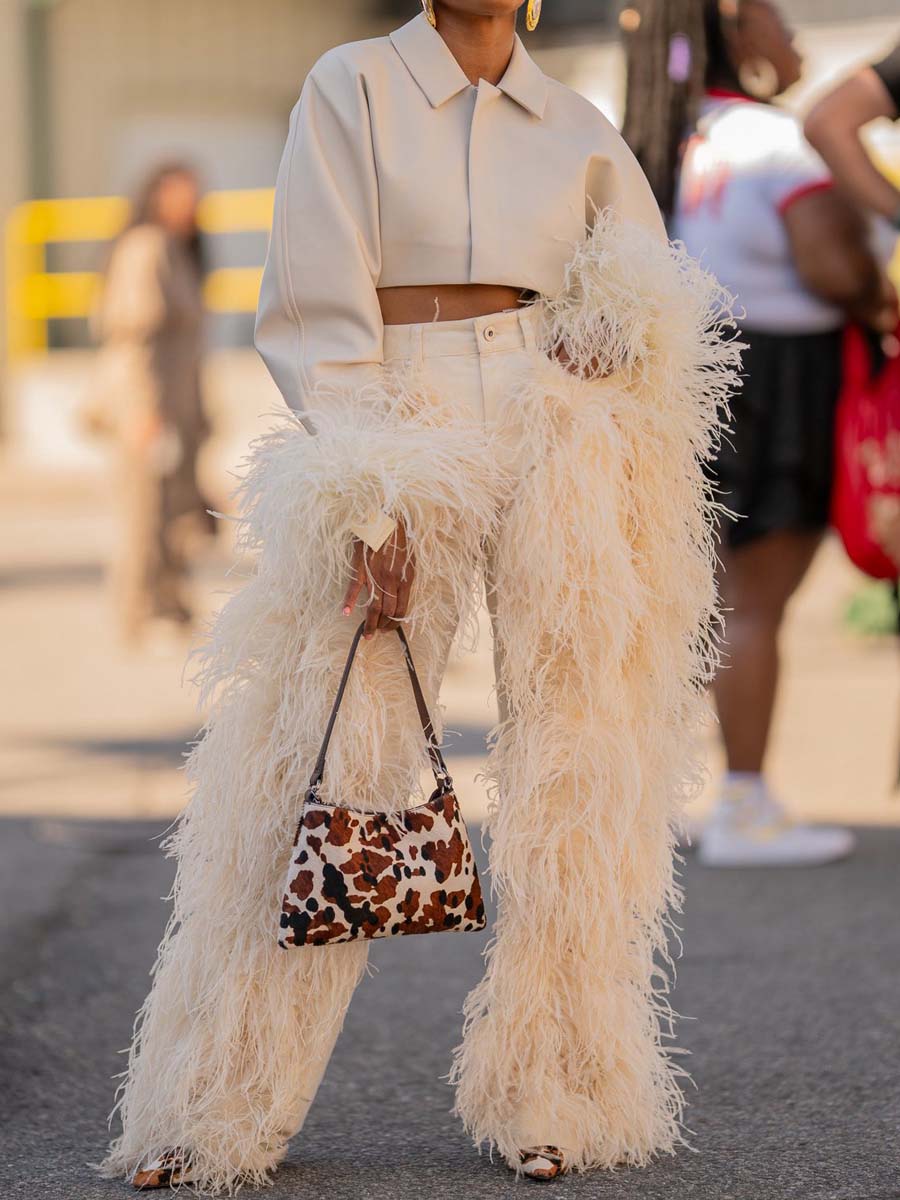 Feather Decoration Fashion Cropped Blazer & Pants