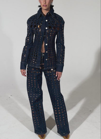 Round Metal Decoration Denim Suit