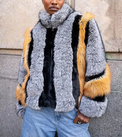 High-neck Zip-up Spliced Faux Fur Coat