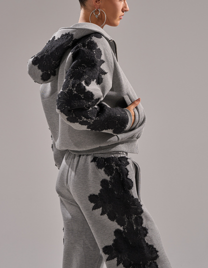 Black Lace Zip Up Hoodie Set