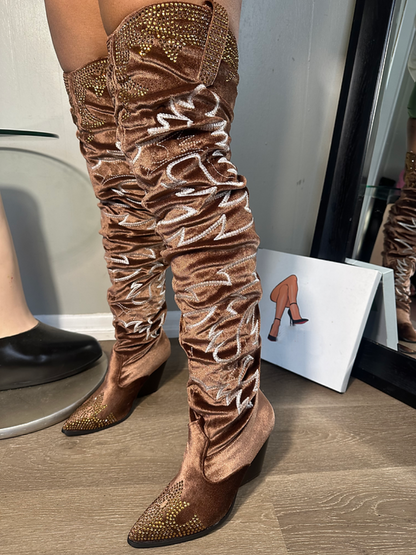 Velvet Rhinestone Embroidered Knee-high Boots
