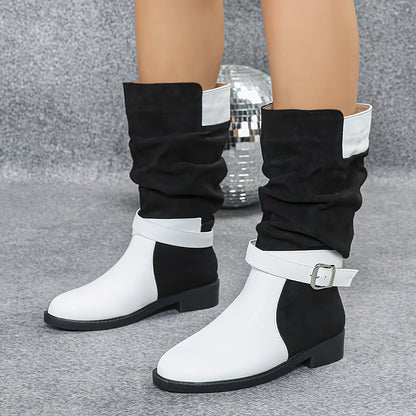 Chunky Heel Color-blocked Metal Buckle Embellished Boots