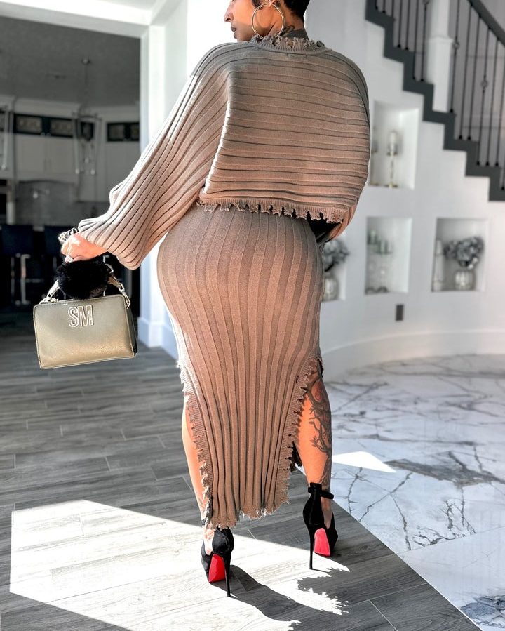 Elegant Ruffled Knit Dress Two-Piece Set