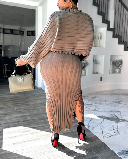 Elegant Ruffled Knit Dress Two-Piece Set