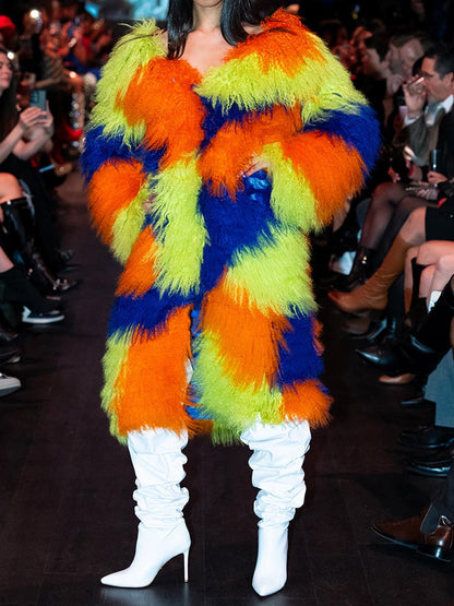 Wide Foldover Collar Fur Colorblock Coat