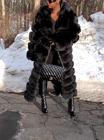 Full Length Hood Fox Fur Plush Coat