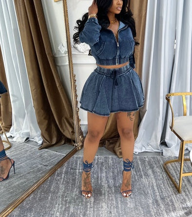 Denim Cropped Long Sleeve Hooded Zip-Up Top and Skirt Set