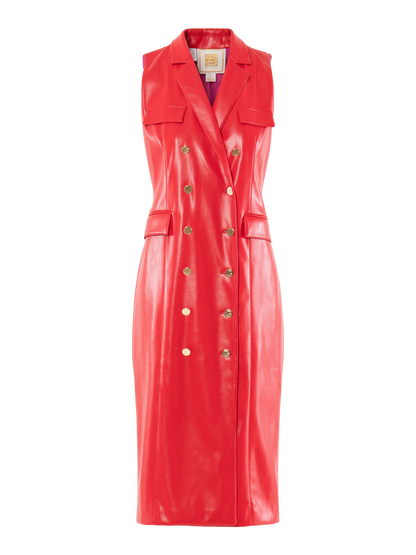 Elegant Double-Breasted Sleeveless PU Leather Dress
