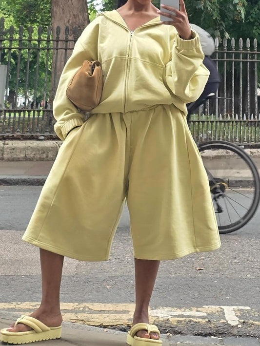Zippered Hooded Cardigan Shorts Two-Piece Set