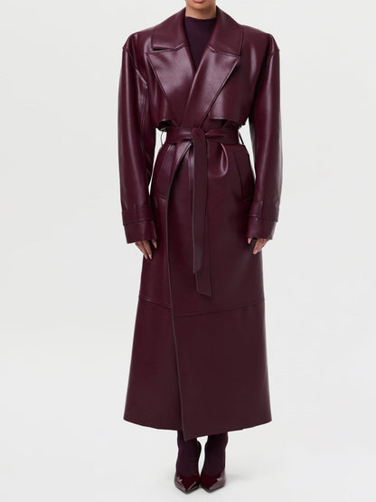 Fashionable Vegan PU Leather Lace-up Coat