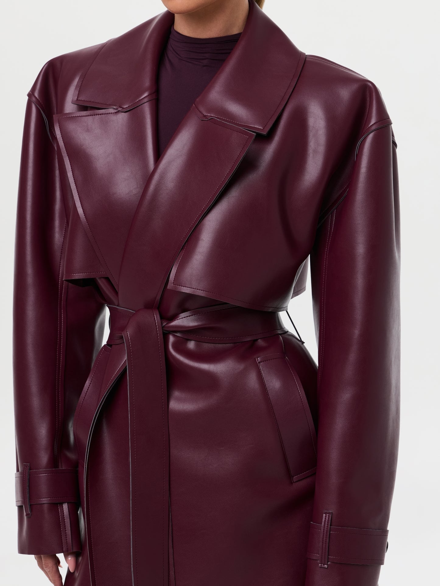 Fashionable Vegan PU Leather Lace-up Coat