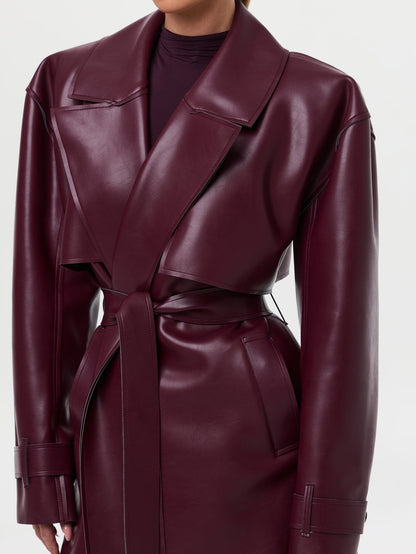 Fashionable Vegan PU Leather Lace-up Coat