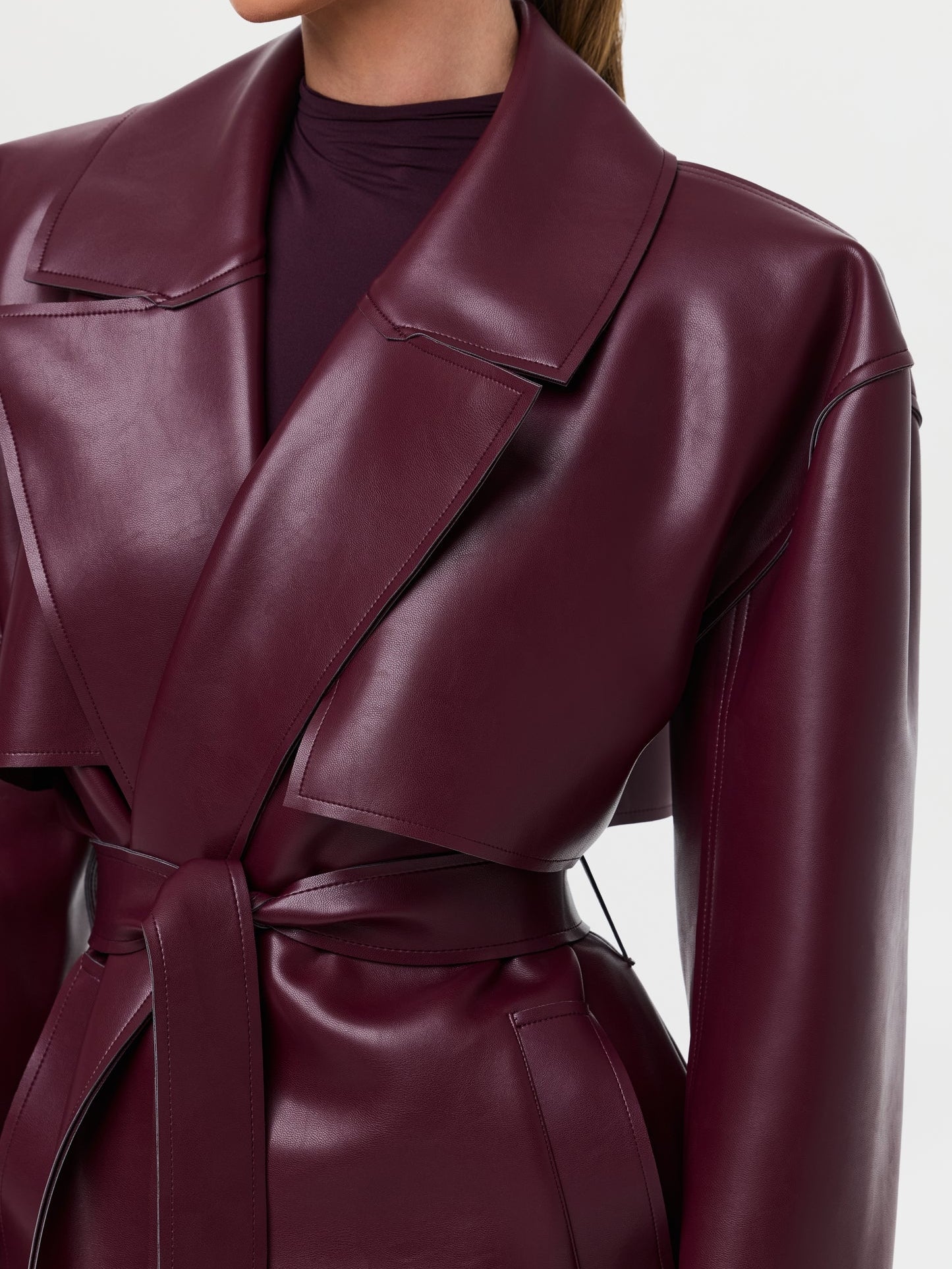 Fashionable Vegan PU Leather Lace-up Coat