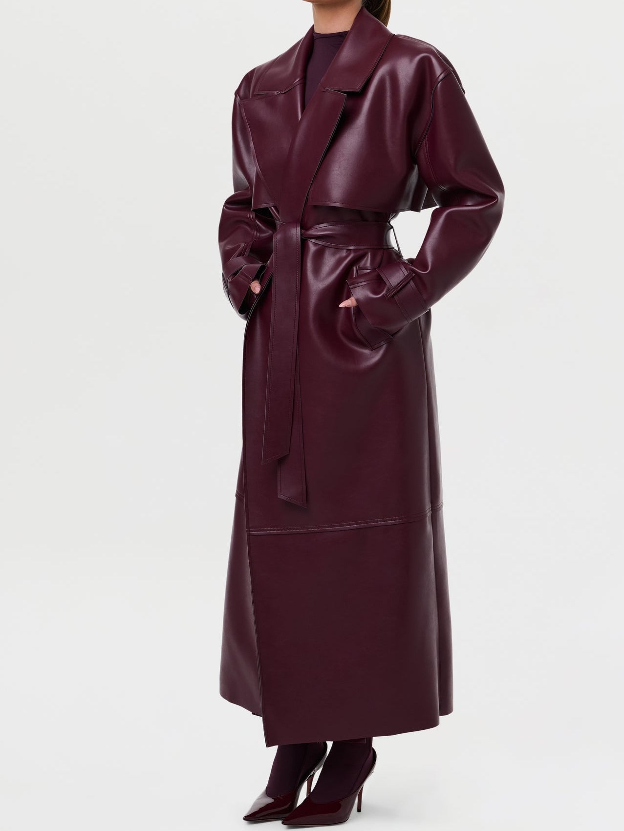 Fashionable Vegan PU Leather Lace-up Coat