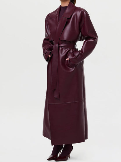 Fashionable Vegan PU Leather Lace-up Coat
