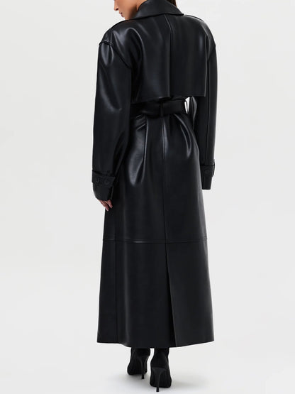 Fashionable Vegan PU Leather Lace-up Coat