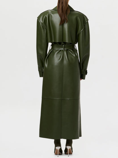 Fashionable Vegan PU Leather Lace-up Coat