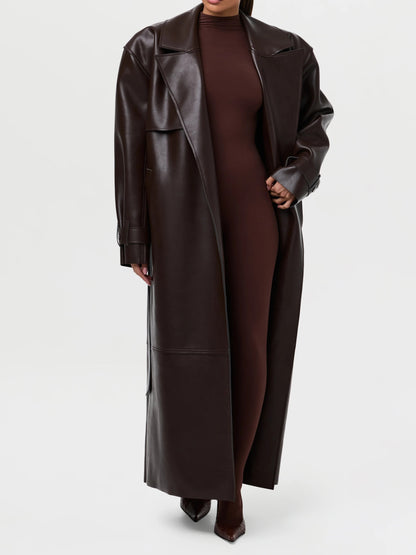 Fashionable Vegan PU Leather Lace-up Coat