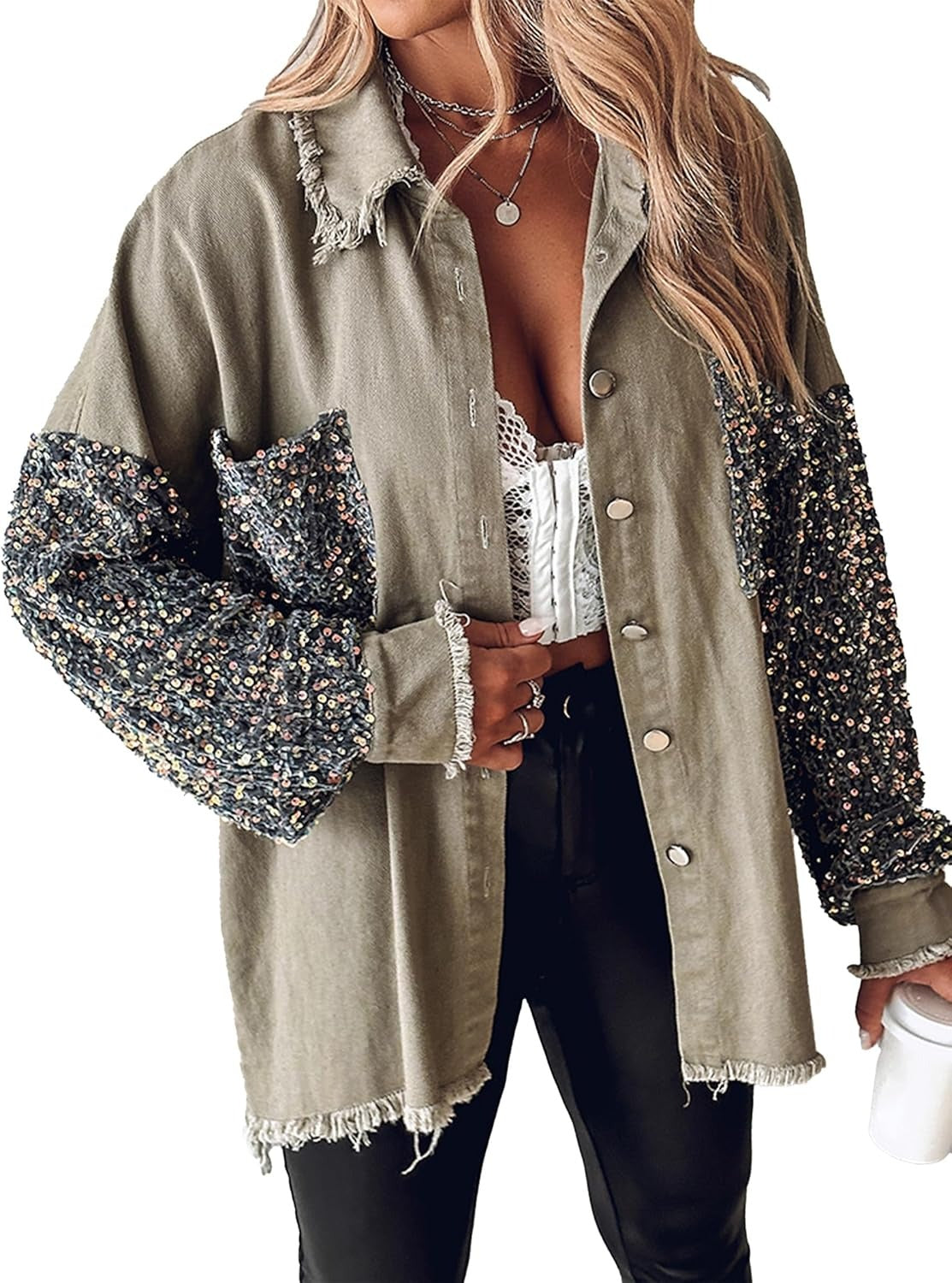 Long sleeved Denim Jacket With Sequin Patchwork