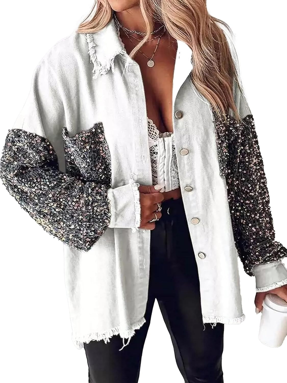 Long sleeved Denim Jacket With Sequin Patchwork