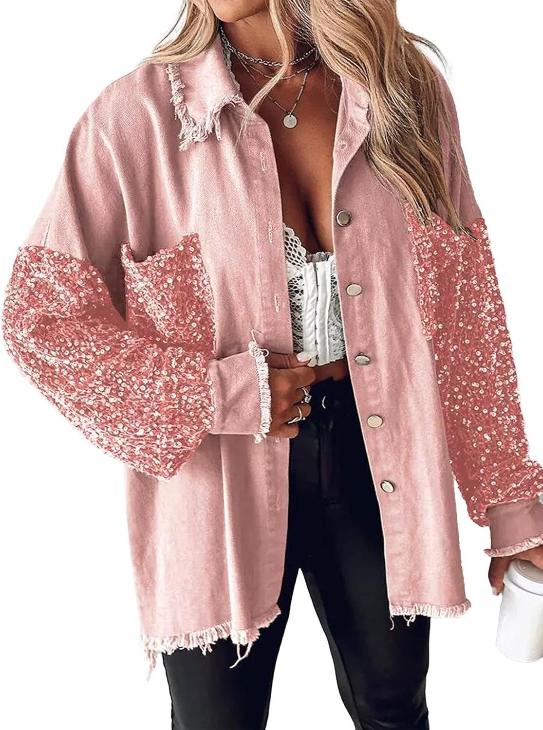 Long sleeved Denim Jacket With Sequin Patchwork