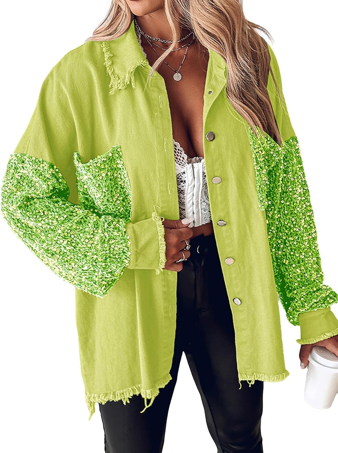 Long sleeved Denim Jacket With Sequin Patchwork