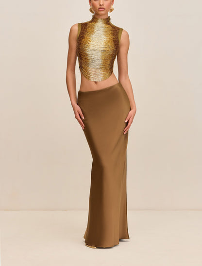 Sleeveless High-neck Fringe Paneled Top & Satin Skirt Set