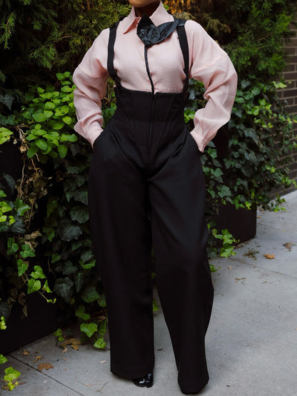 Lapel Floral Shirt & Suspender Rounded Corset Pants Set