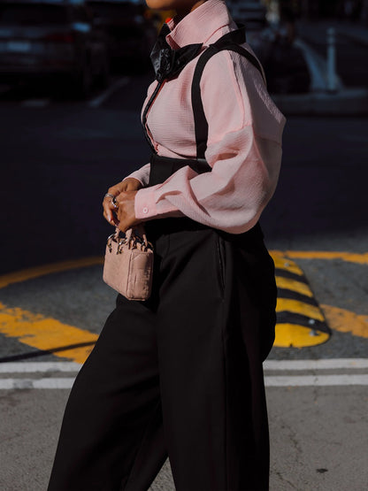 Lapel Floral Shirt & Suspender Rounded Corset Pants Set
