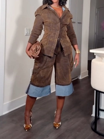 Fall Velvet Denim Button Down And Short Set