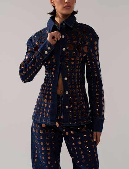 Round Metal Decoration Blue Denim Suit