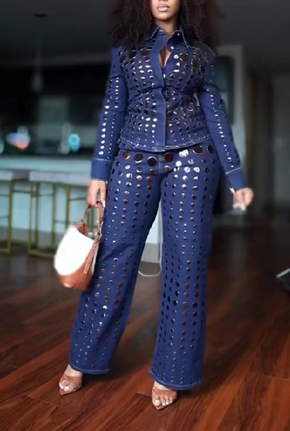 Round Metal Decoration Blue Denim Suit