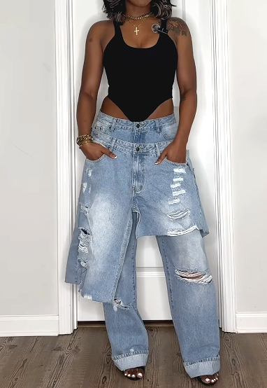Double-belted Ripped Frayed Jeans
