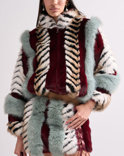 Multi-color Patchwork Faux Fur Plush Coat