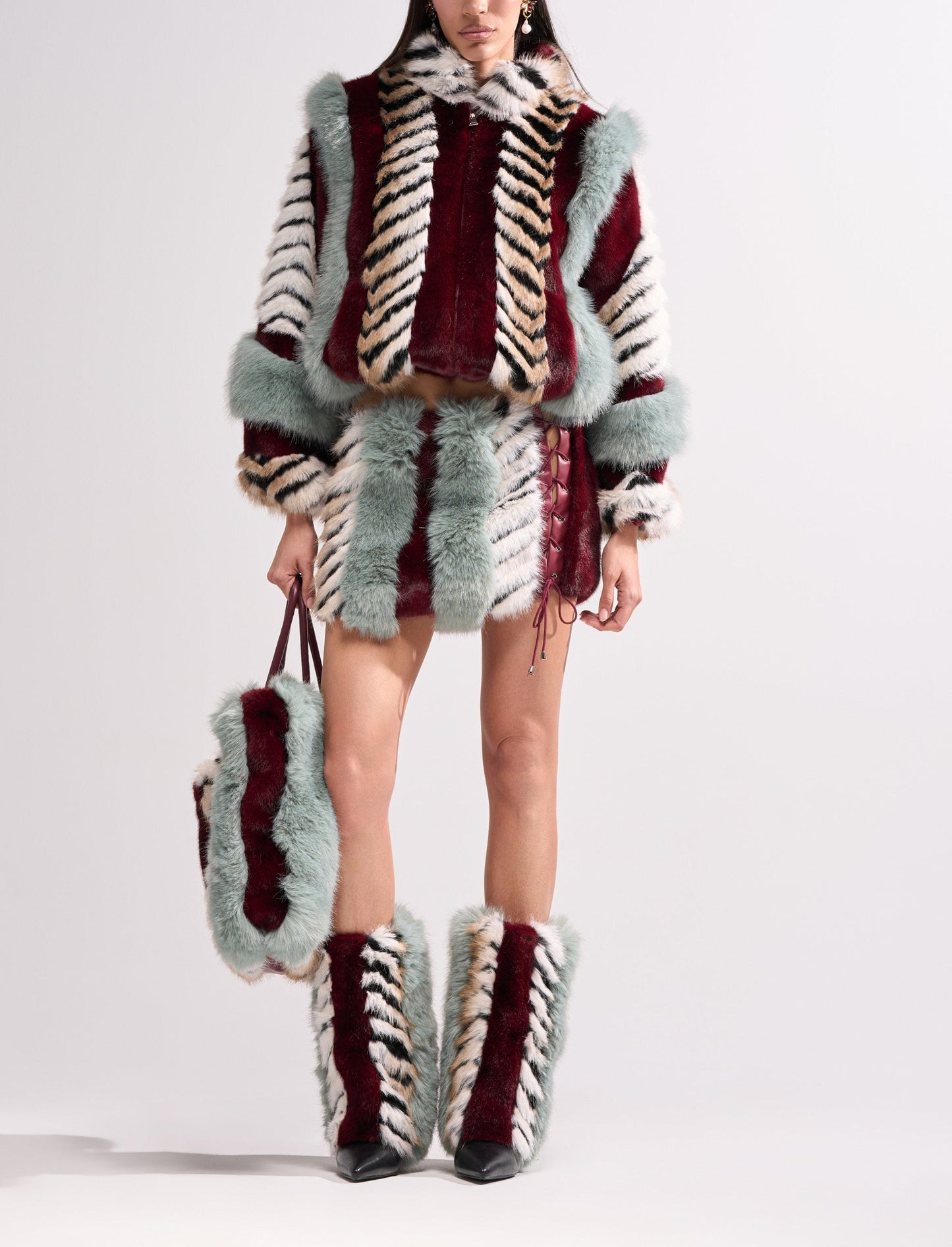 Multi-color Patchwork Faux Fur Plush Coat