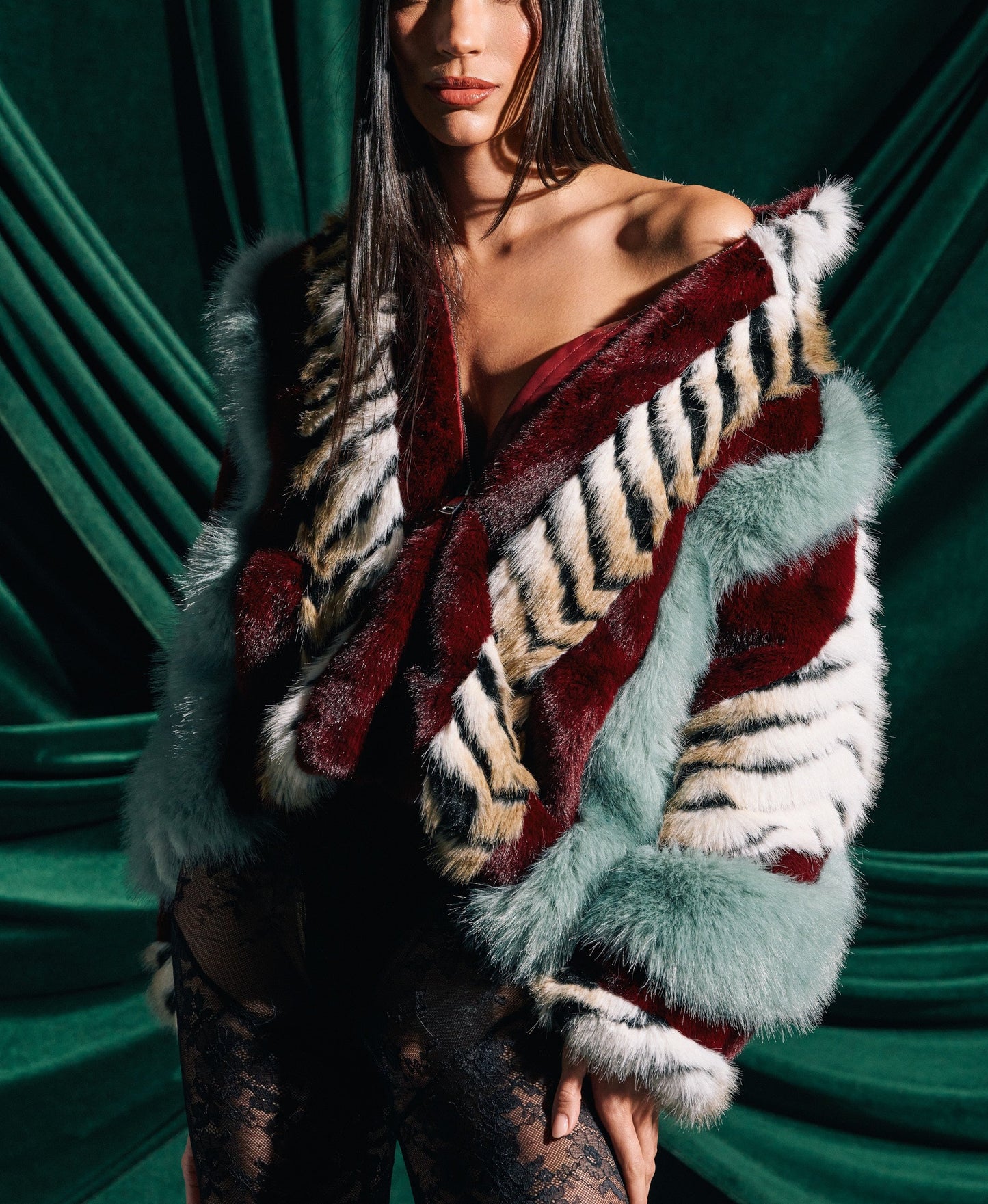 Multi-color Patchwork Faux Fur Plush Coat