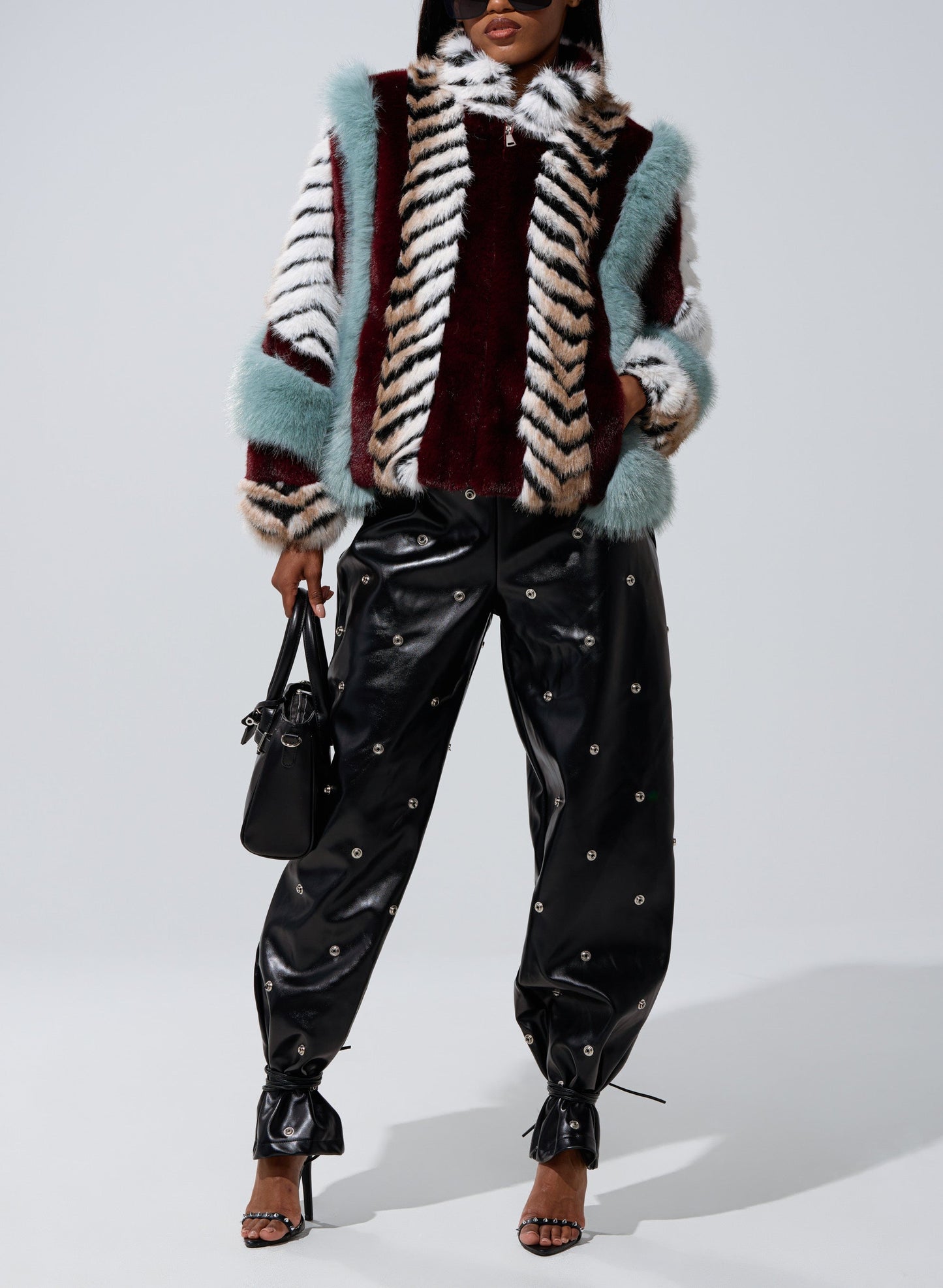 Multi-color Patchwork Faux Fur Plush Coat