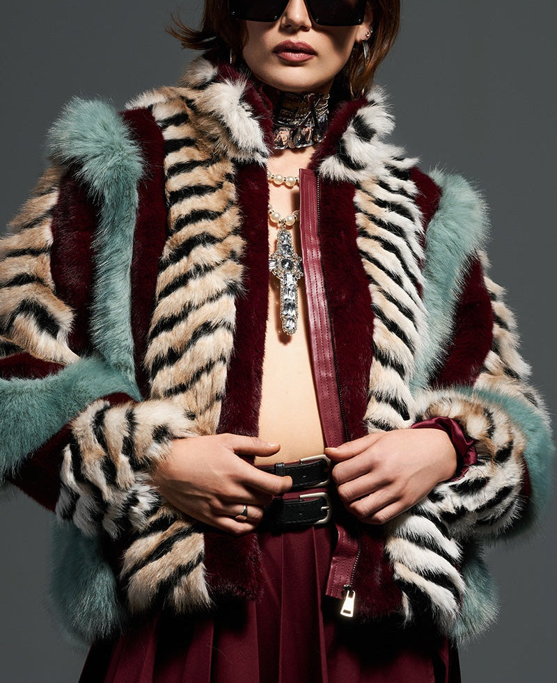 Multi-color Patchwork Faux Fur Plush Coat