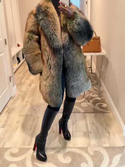 Green Trinity Mid Length Faux Fox Fur Coat