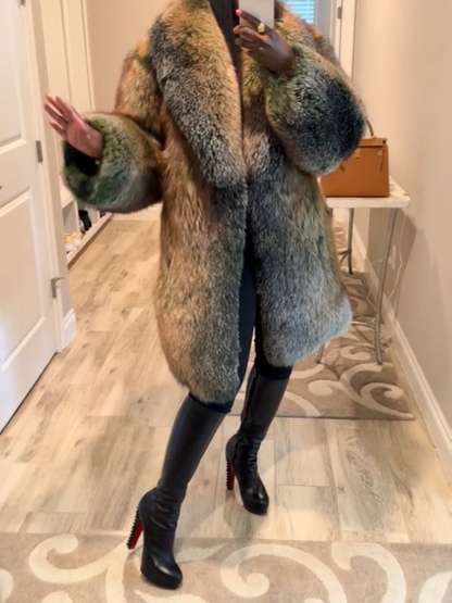 Green Trinity Mid Length Faux Fox Fur Coat