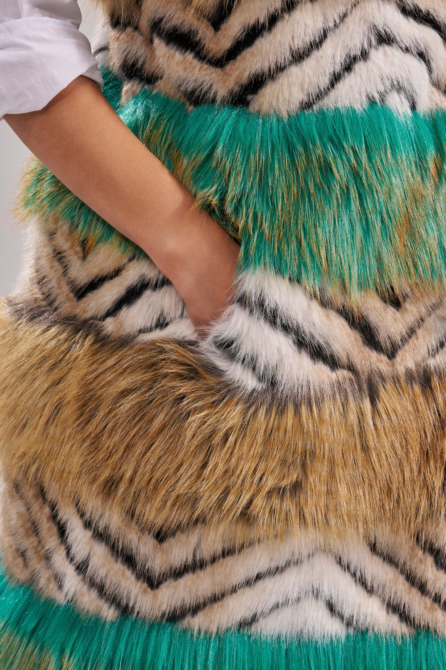 Faux Fur Multicolor Striped Sleeveless Coat