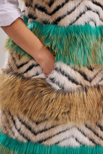 Faux Fur Multicolor Striped Sleeveless Coat