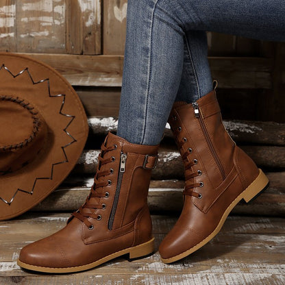 Round-toe Side Zipper Lace-up Mid-calf Boot