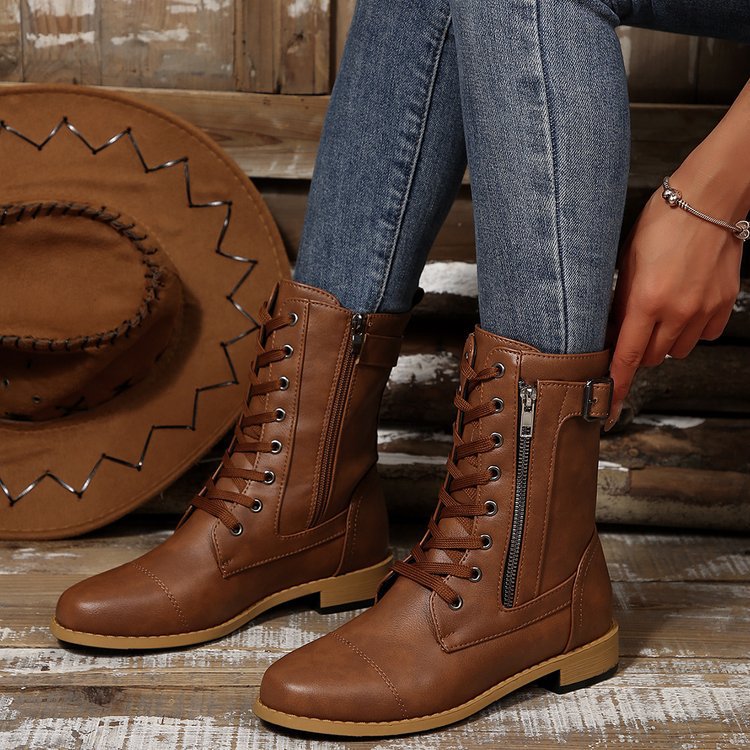 Round-toe Side Zipper Lace-up Mid-calf Boot