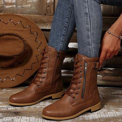 Round-toe Side Zipper Lace-up Mid-calf Boot