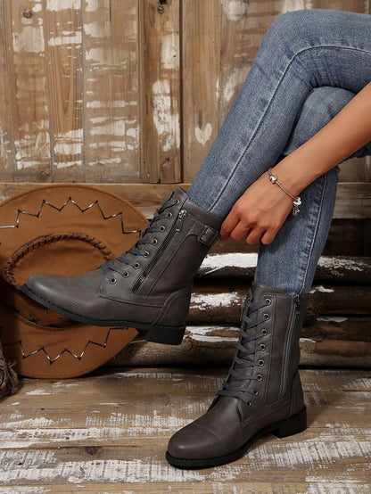 Round-toe Side Zipper Lace-up Mid-calf Boot